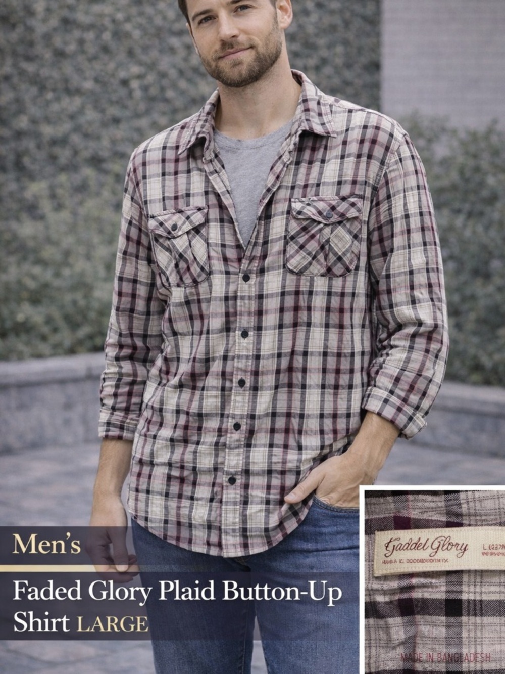 Faded glory Plaid Button-Up Shirt LARGE